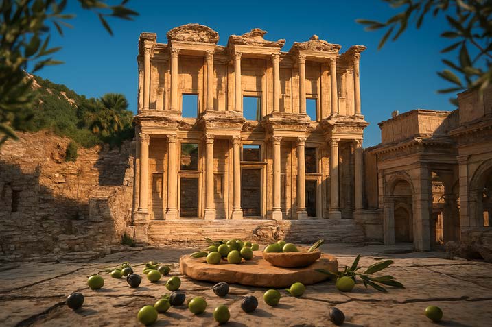 Ancient Ephesus ruins with olive trees