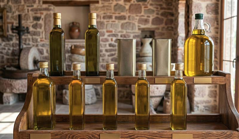 Olive oil glass bottles and tin cans on rustic wooden surface